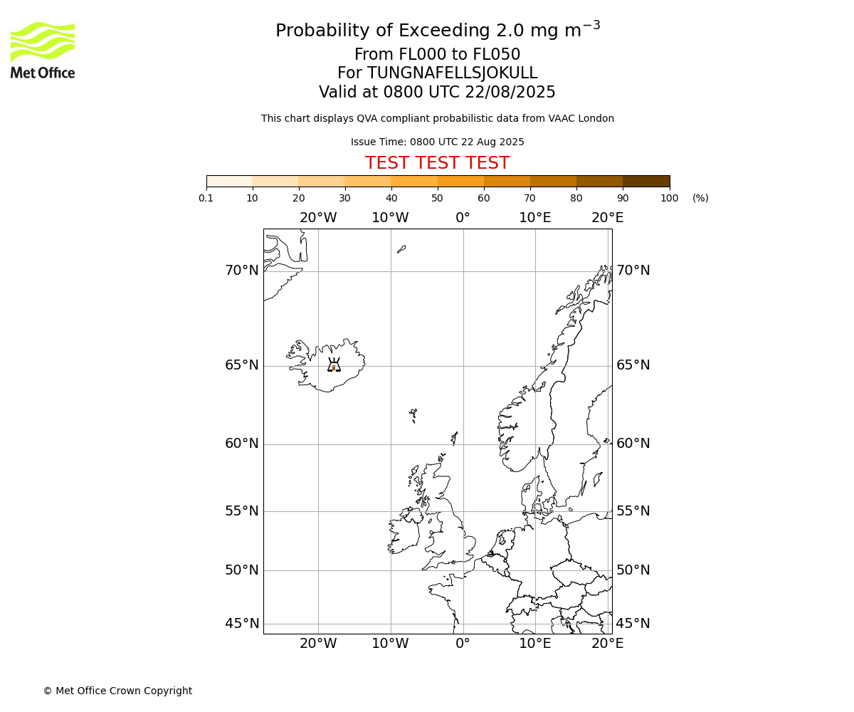 Probability of exceeding 2.0 milligrams per metre cubed. From 000 to 050 for TUNGNAFELLSJOKULL. Valid at 0800 UTC 22/08/2025