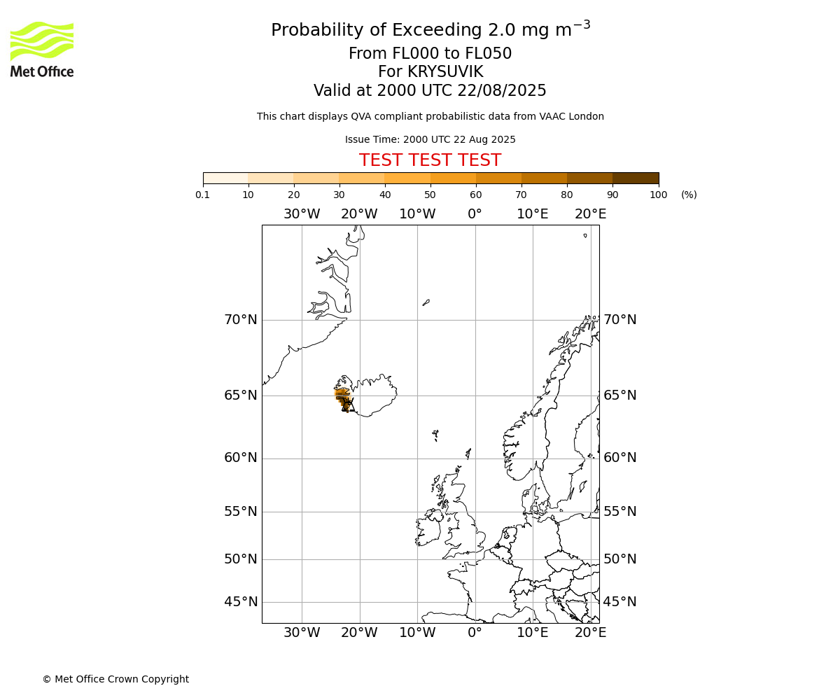 Probability of exceeding 2.0 milligrams per metre cubed. From 000 to 050 for KRYSUVIK. Valid at 2000 UTC 22/08/2025