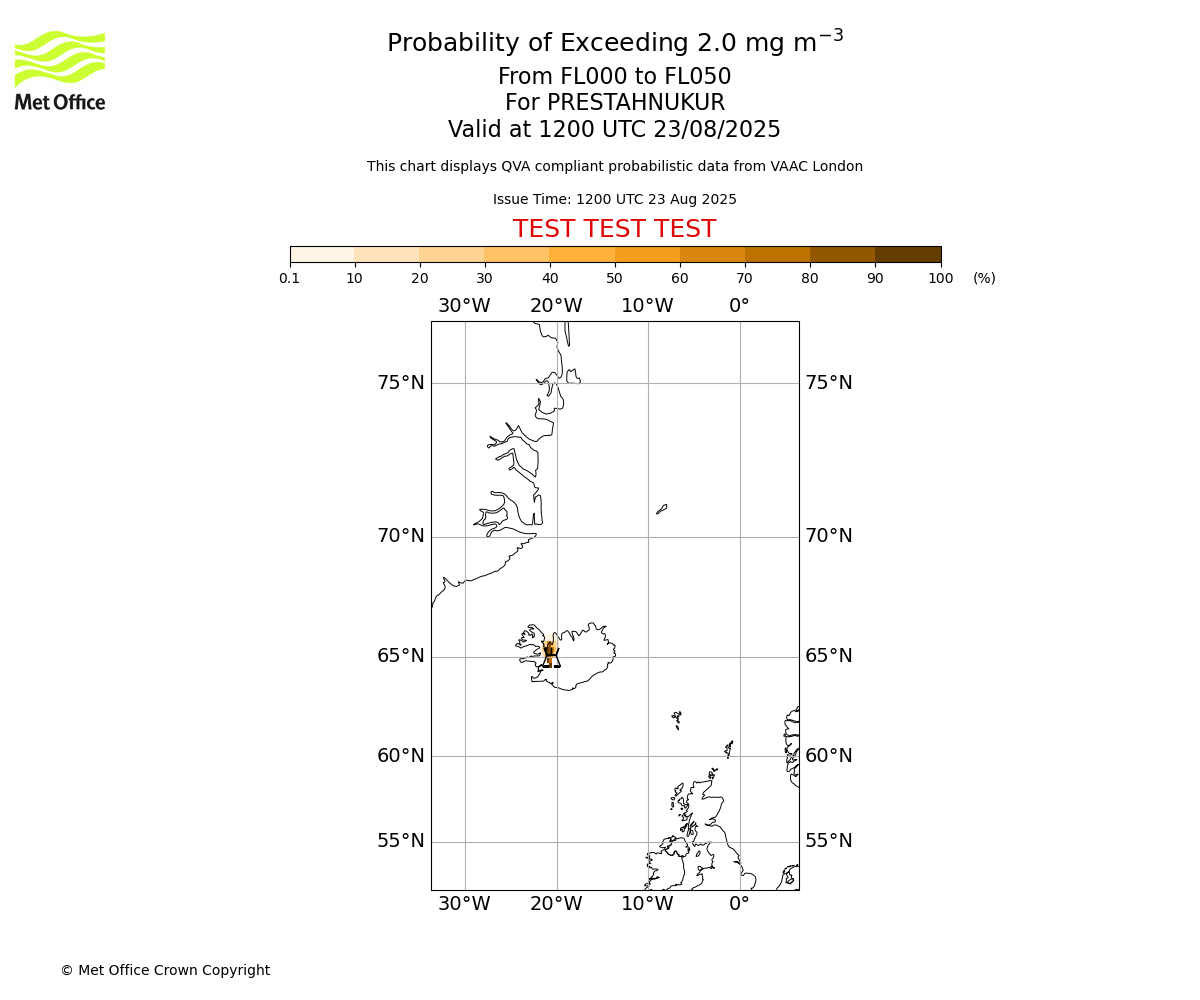 Probability of exceeding 2.0 milligrams per metre cubed. From 000 to 050 for PRESTAHNUKUR. Valid at 1200 UTC 23/08/2025