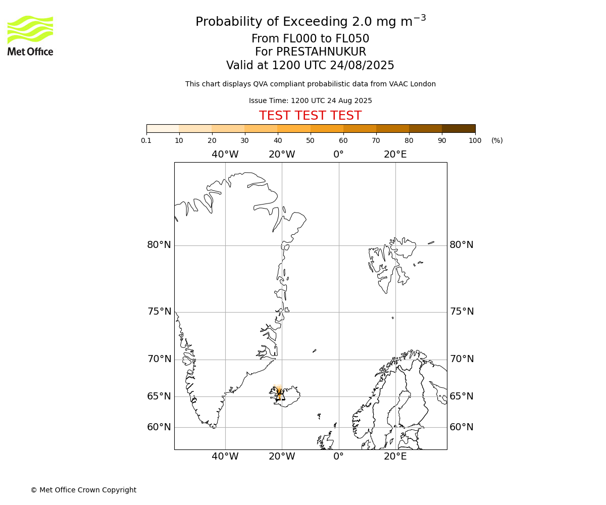 Probability of exceeding 2.0 milligrams per metre cubed. From 000 to 050 for PRESTAHNUKUR. Valid at 1200 UTC 24/08/2025