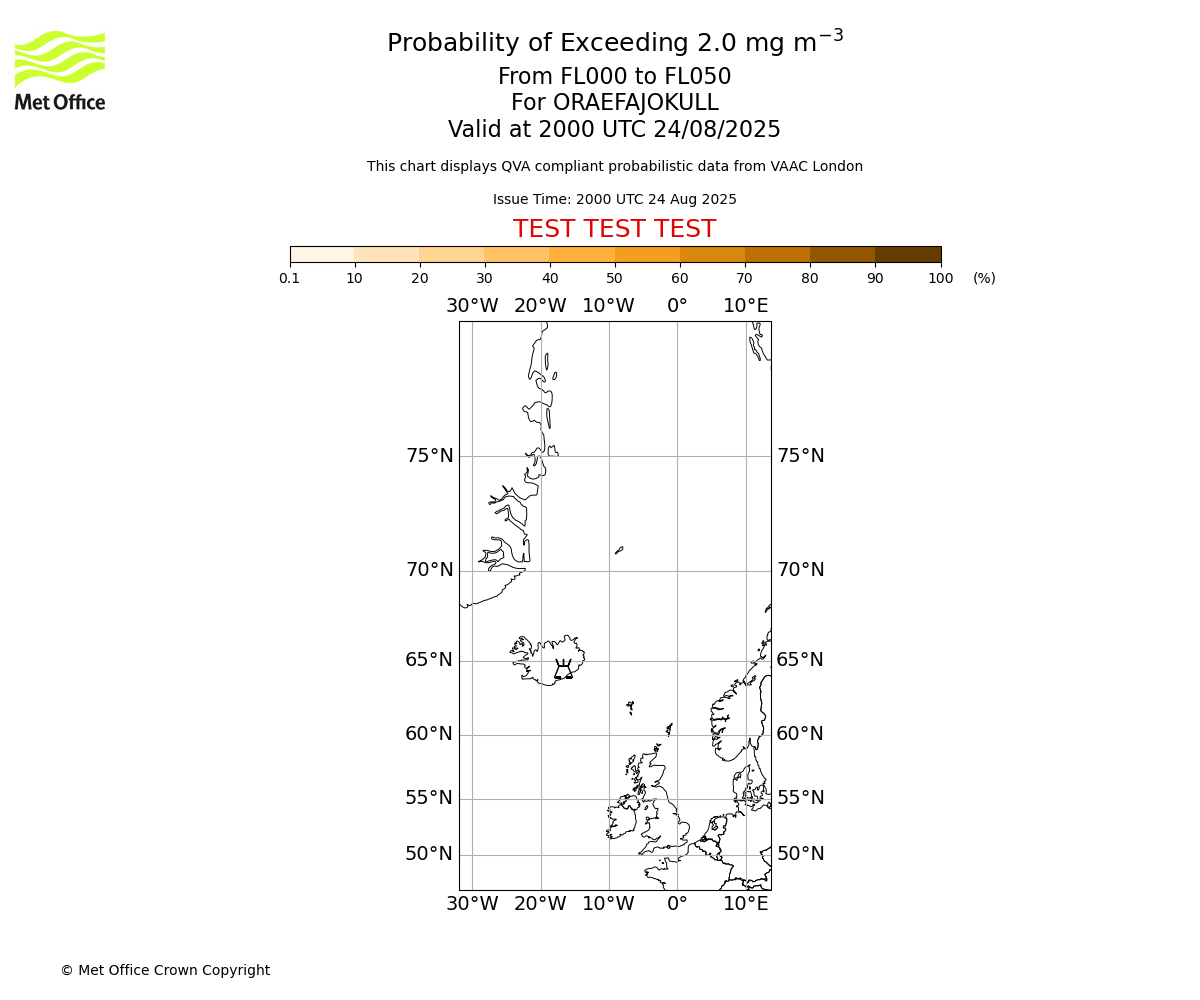 Probability of exceeding 2.0 milligrams per metre cubed. From 000 to 050 for ORAEFAJOKULL. Valid at 2000 UTC 24/08/2025