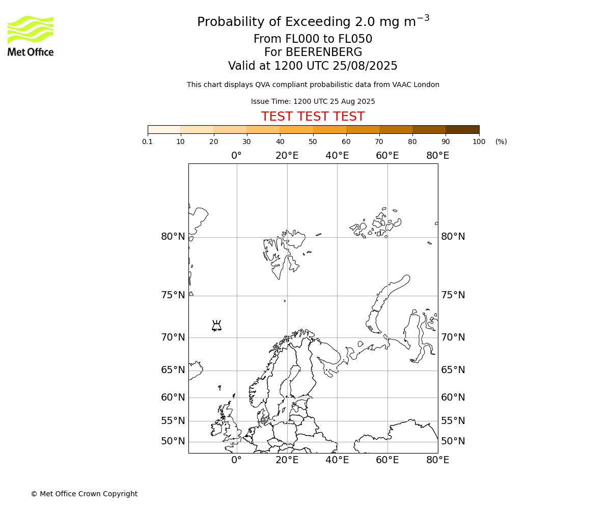 Probability of exceeding 2.0 milligrams per metre cubed. From 000 to 050 for BEERENBERG. Valid at 1200 UTC 25/08/2025
