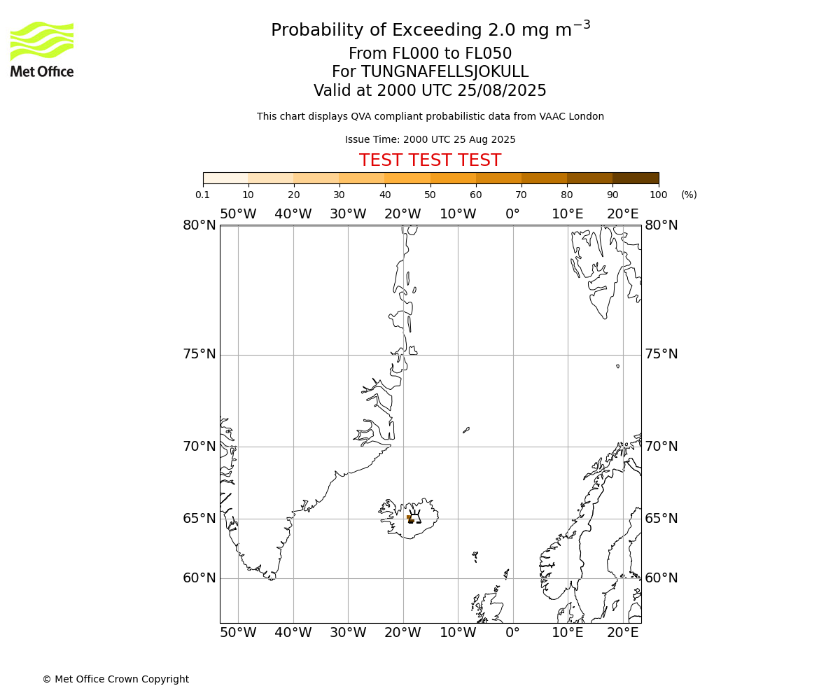 Probability of exceeding 2.0 milligrams per metre cubed. From 000 to 050 for TUNGNAFELLSJOKULL. Valid at 2000 UTC 25/08/2025