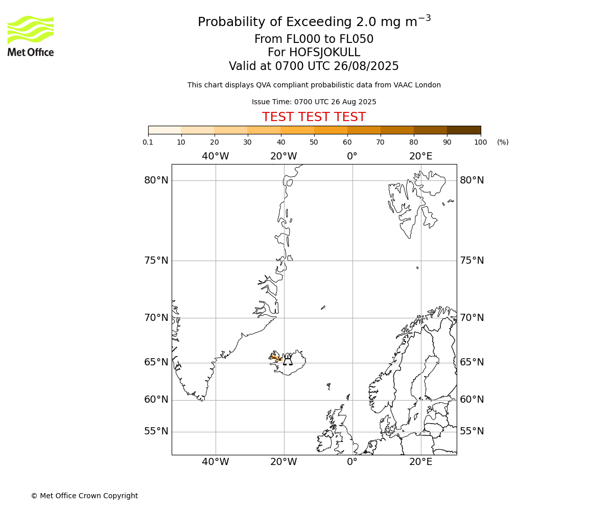 Probability of exceeding 2.0 milligrams per metre cubed. From 000 to 050 for HOFSJOKULL. Valid at 0700 UTC 26/08/2025
