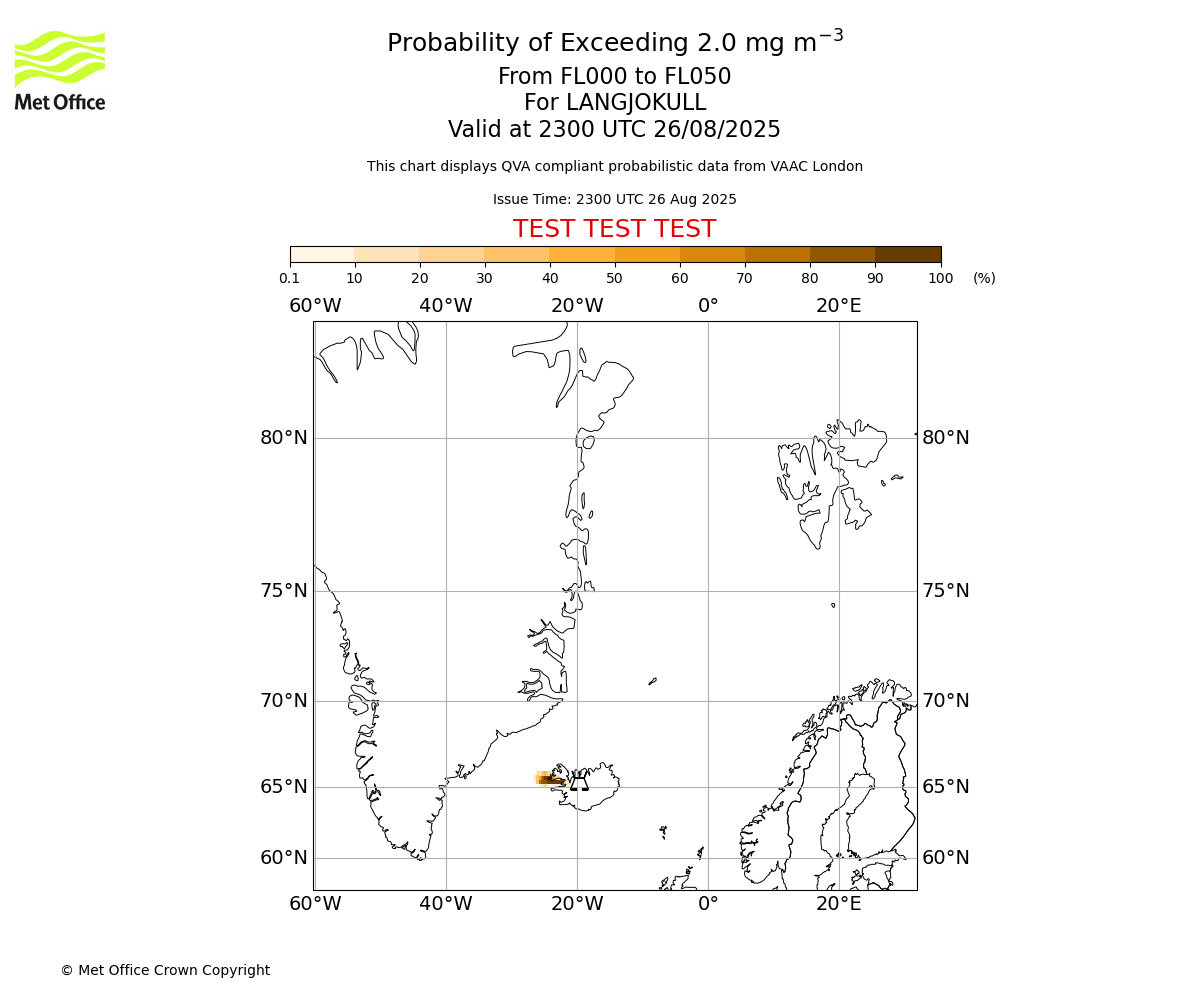 Probability of exceeding 2.0 milligrams per metre cubed. From 000 to 050 for LANGJOKULL. Valid at 2300 UTC 26/08/2025