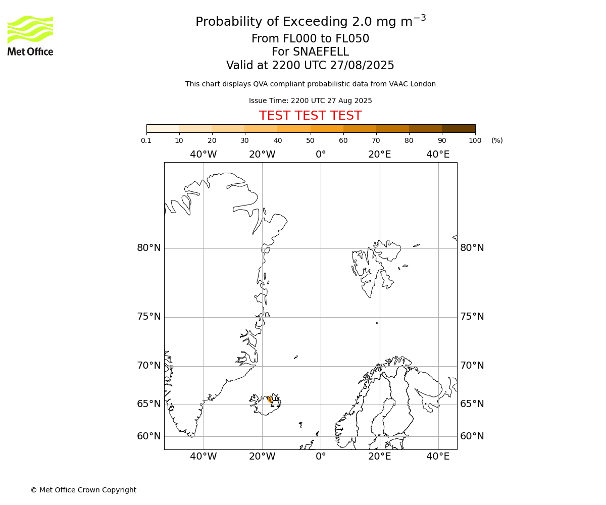 Probability of exceeding 2.0 milligrams per metre cubed. From 000 to 050 for SNAEFELL. Valid at 2200 UTC 27/08/2025