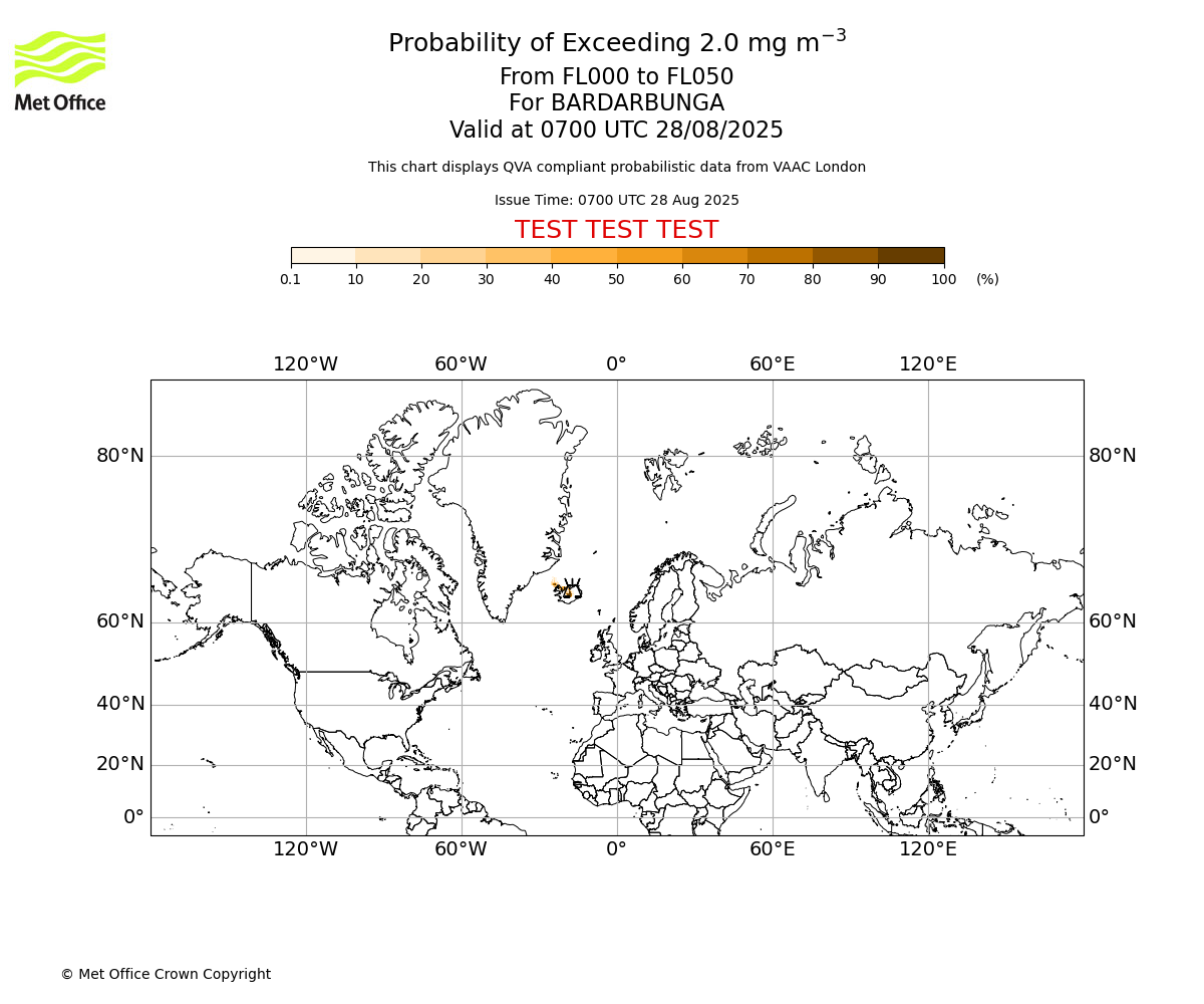 Probability of exceeding 2.0 milligrams per metre cubed. From 000 to 050 for BARDARBUNGA. Valid at 0700 UTC 28/08/2025