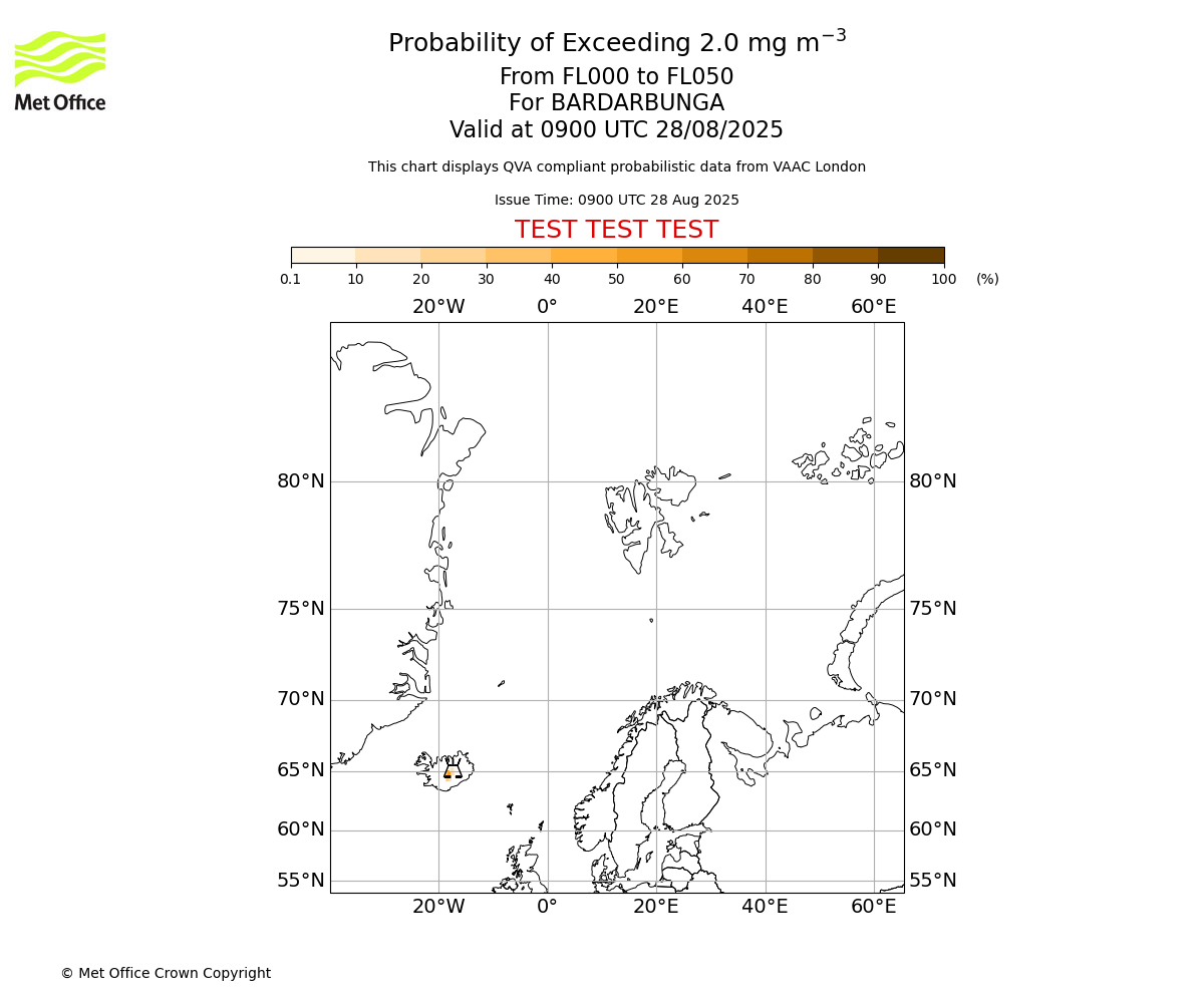 Probability of exceeding 2.0 milligrams per metre cubed. From 000 to 050 for BARDARBUNGA. Valid at 0900 UTC 28/08/2025