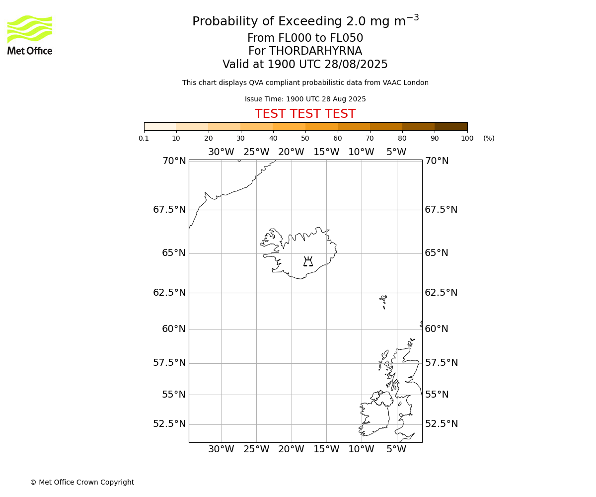 Probability of exceeding 2.0 milligrams per metre cubed. From 000 to 050 for THORDARHYRNA. Valid at 1900 UTC 28/08/2025