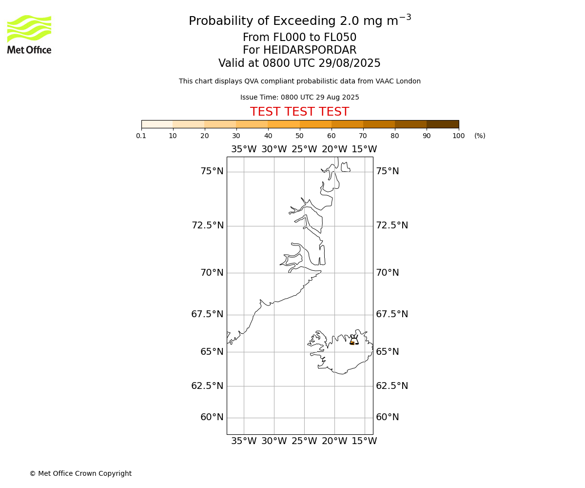 Probability of exceeding 2.0 milligrams per metre cubed. From 000 to 050 for HEIDARSPORDAR. Valid at 0800 UTC 29/08/2025
