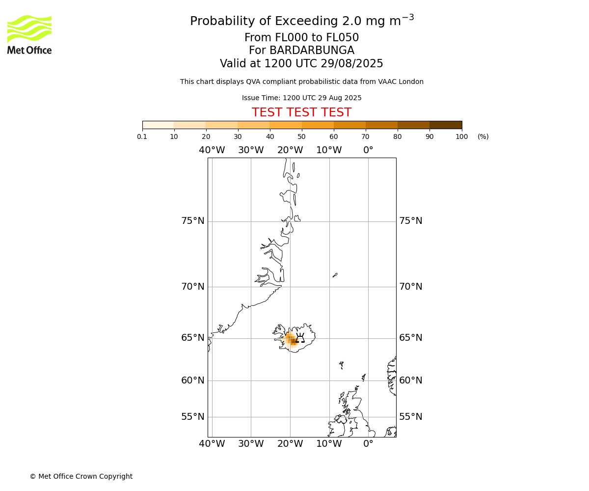 Probability of exceeding 2.0 milligrams per metre cubed. From 000 to 050 for BARDARBUNGA. Valid at 1200 UTC 29/08/2025