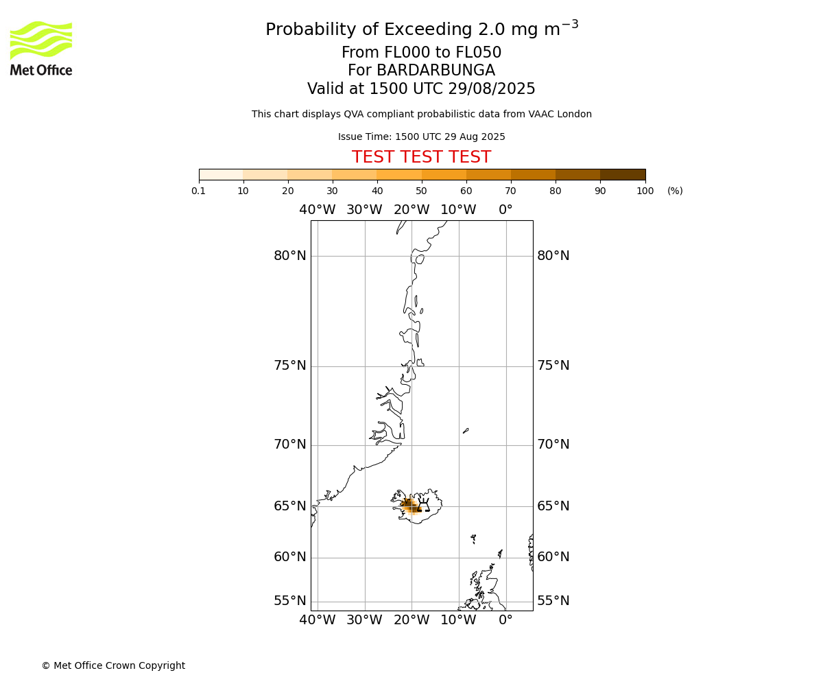 Probability of exceeding 2.0 milligrams per metre cubed. From 000 to 050 for BARDARBUNGA. Valid at 1500 UTC 29/08/2025