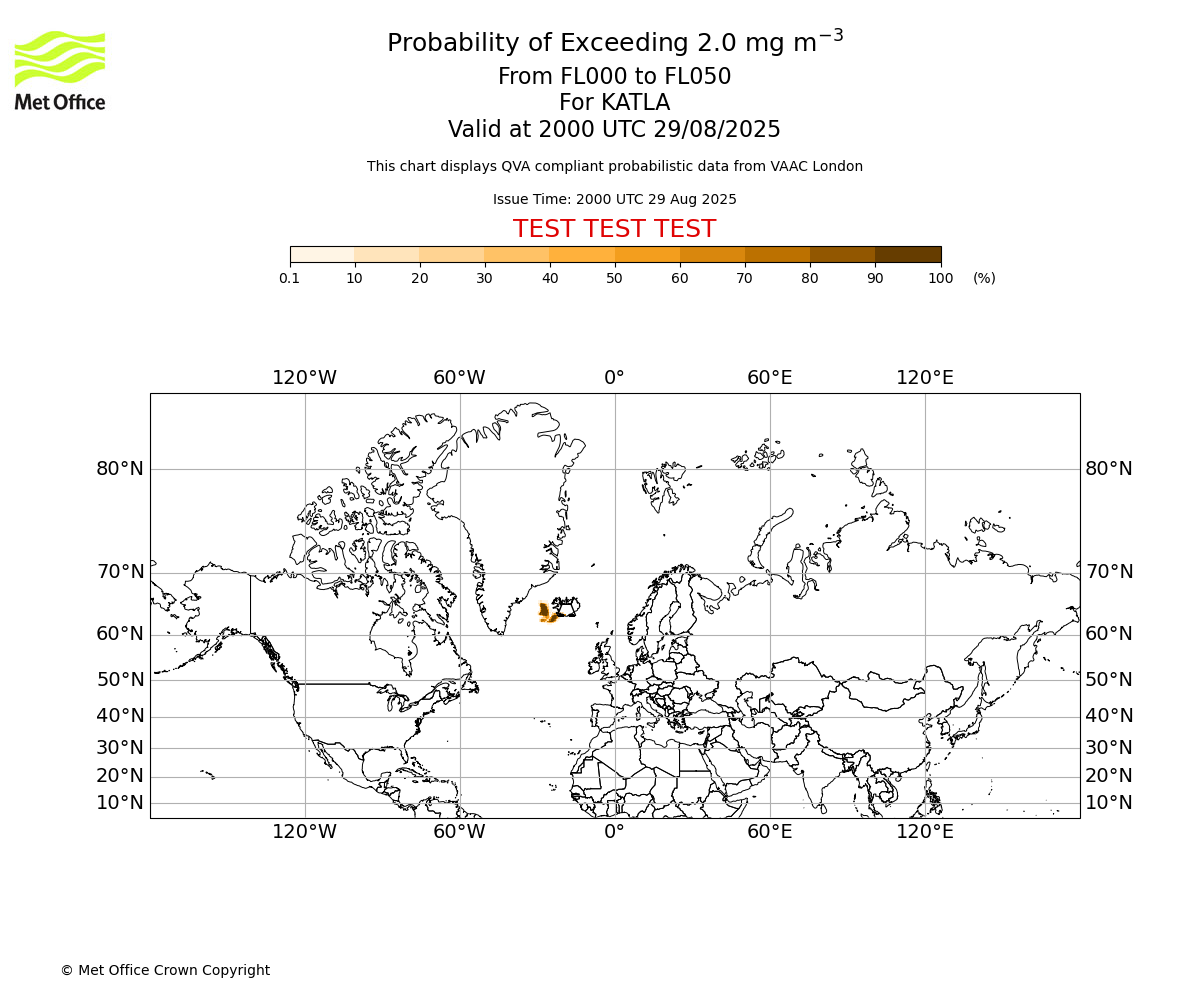 Probability of exceeding 2.0 milligrams per metre cubed. From 000 to 050 for KATLA. Valid at 2000 UTC 29/08/2025