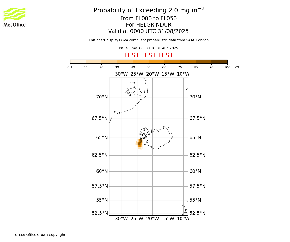 Probability of exceeding 2.0 milligrams per metre cubed. From 000 to 050 for HELGRINDUR. Valid at 0000 UTC 31/08/2025