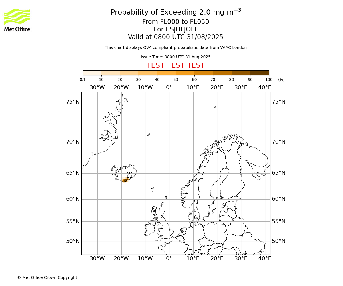 Probability of exceeding 2.0 milligrams per metre cubed. From 000 to 050 for ESJUFJOLL. Valid at 0800 UTC 31/08/2025