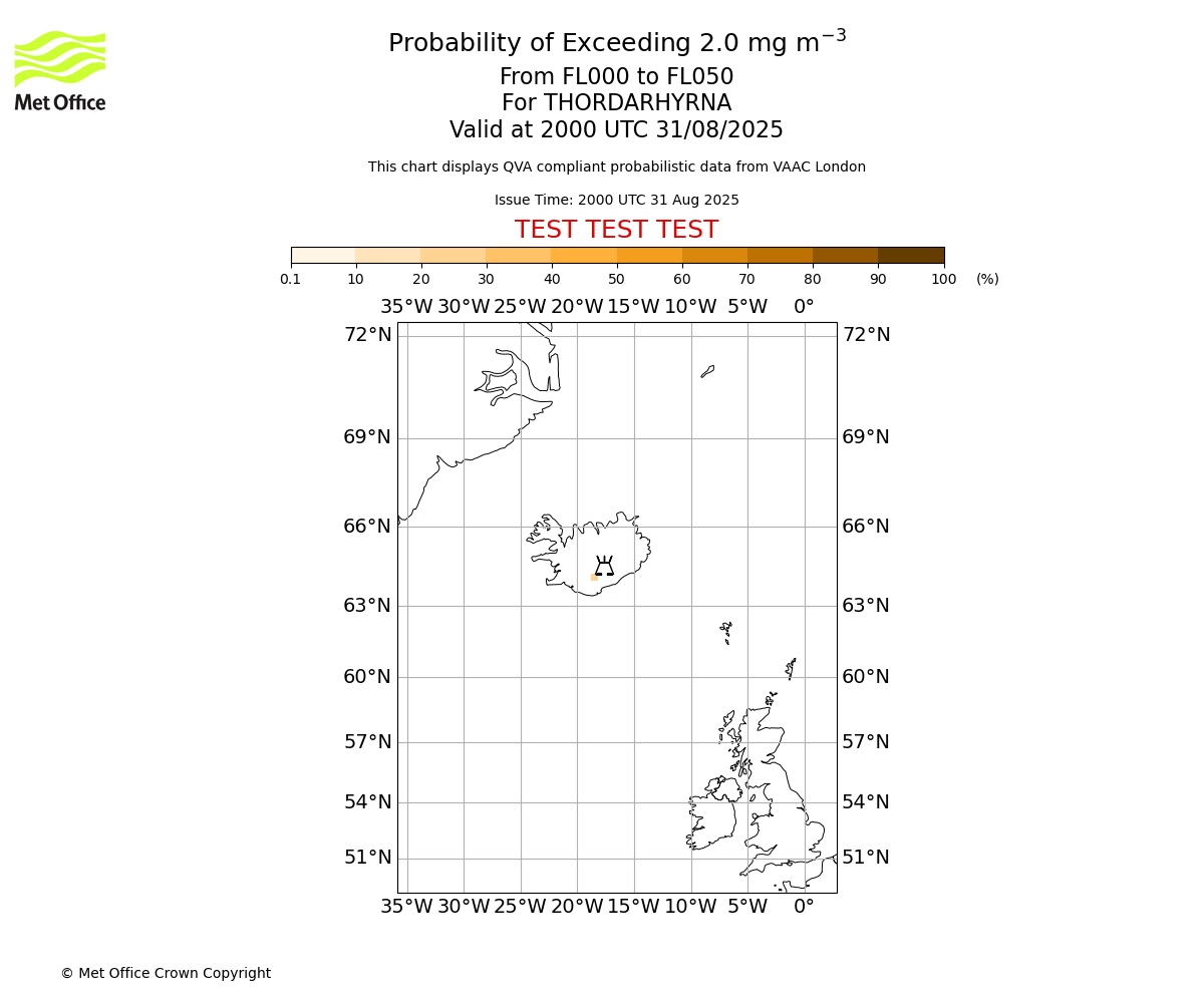 Probability of exceeding 2.0 milligrams per metre cubed. From 000 to 050 for THORDARHYRNA. Valid at 2000 UTC 31/08/2025