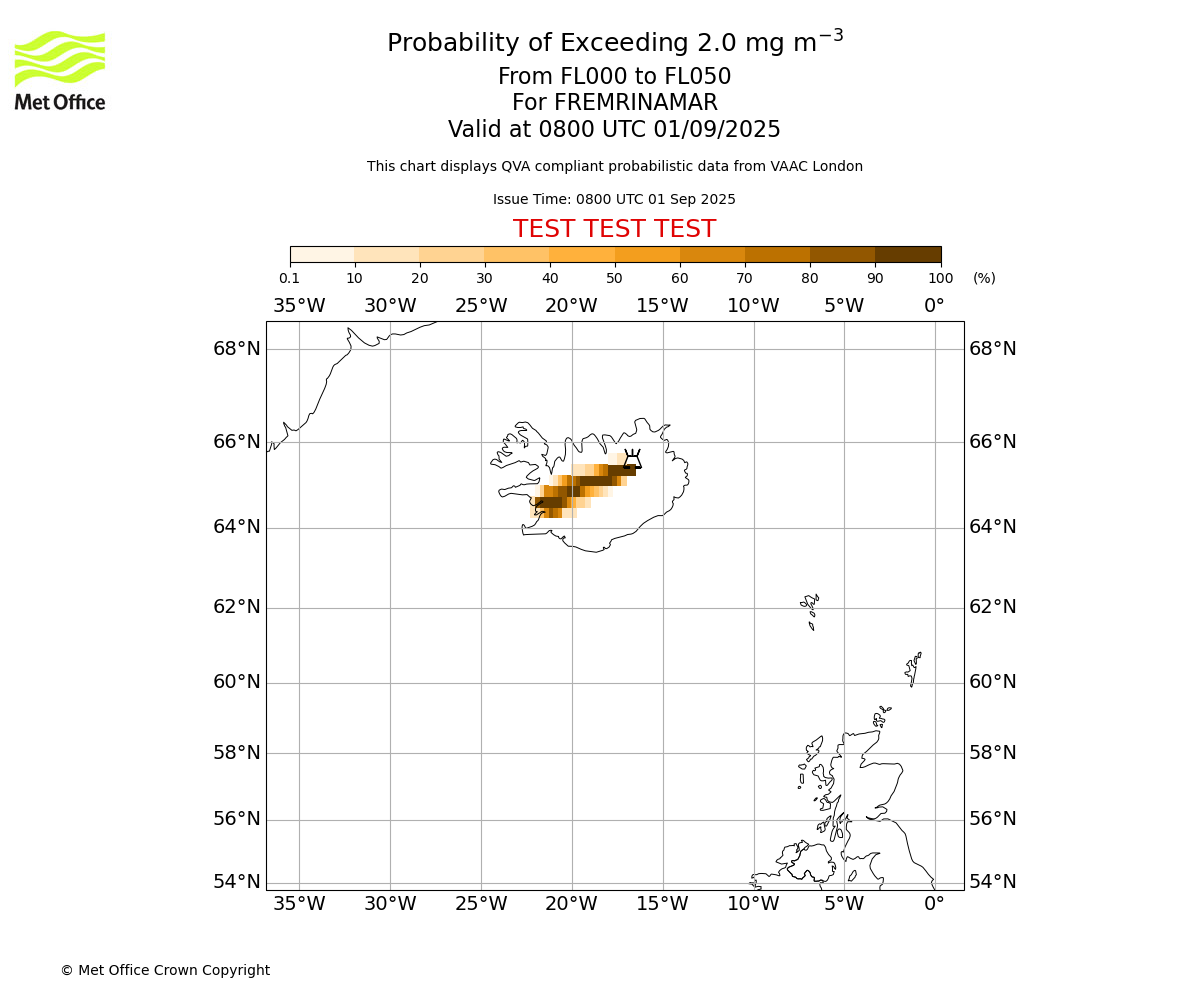 Probability of exceeding 2.0 milligrams per metre cubed. From 000 to 050 for FREMRINAMAR. Valid at 0800 UTC 01/09/2025