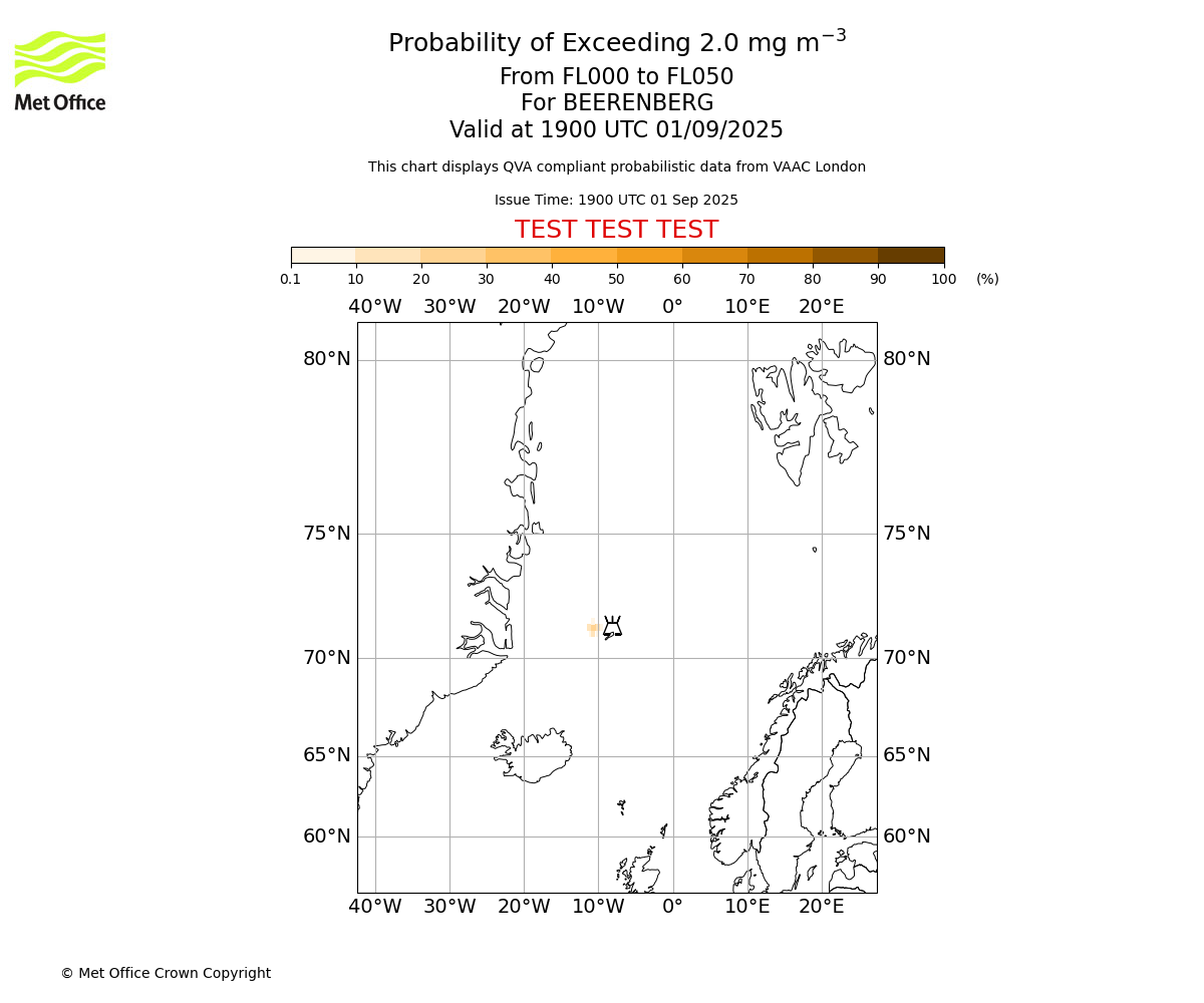 Probability of exceeding 2.0 milligrams per metre cubed. From 000 to 050 for BEERENBERG. Valid at 1900 UTC 01/09/2025