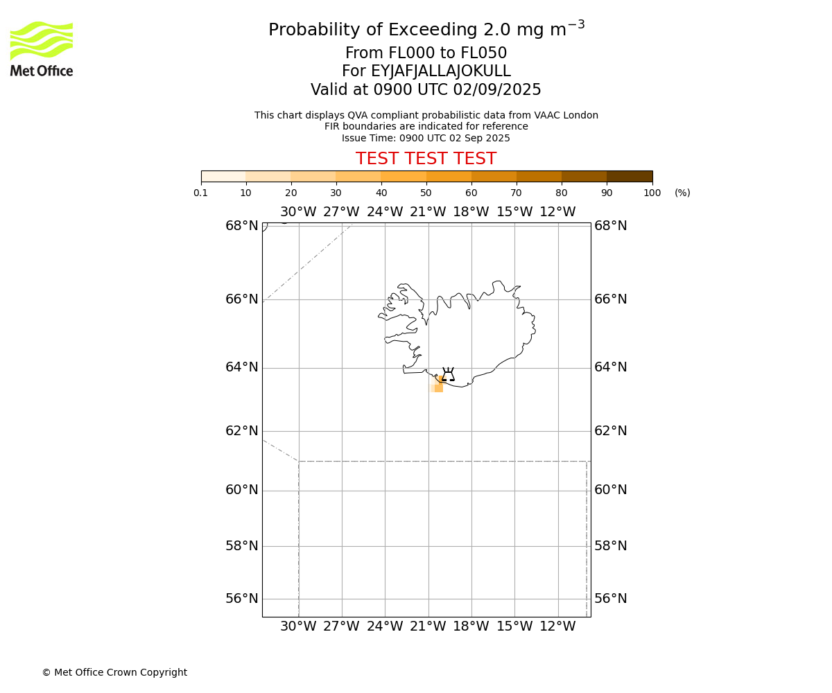 Probability of exceeding 2.0 milligrams per metre cubed. From 000 to 050 for EYJAFJALLAJOKULL. Valid at 0900 UTC 02/09/2025