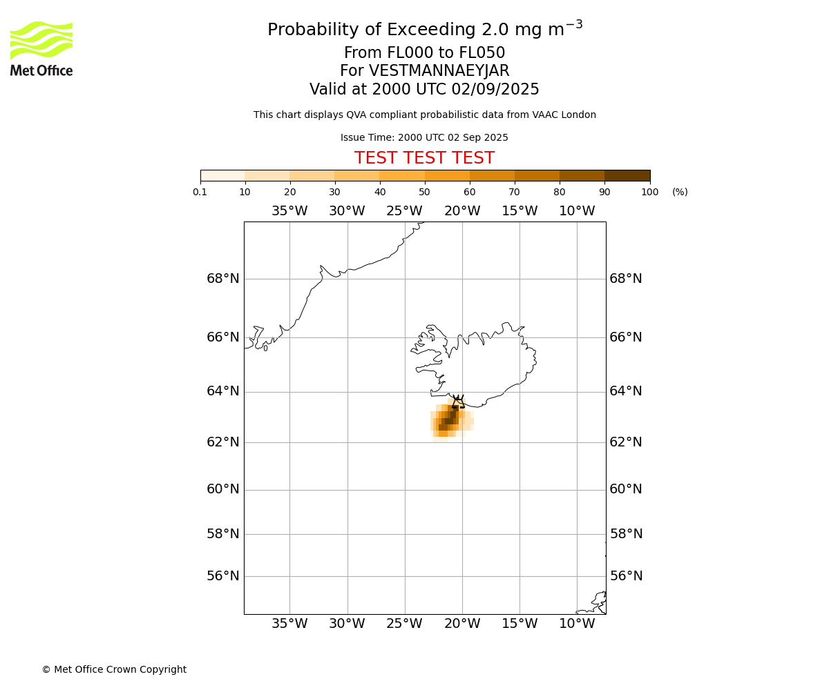 Probability of exceeding 2.0 milligrams per metre cubed. From 000 to 050 for VESTMANNAEYJAR. Valid at 2000 UTC 02/09/2025
