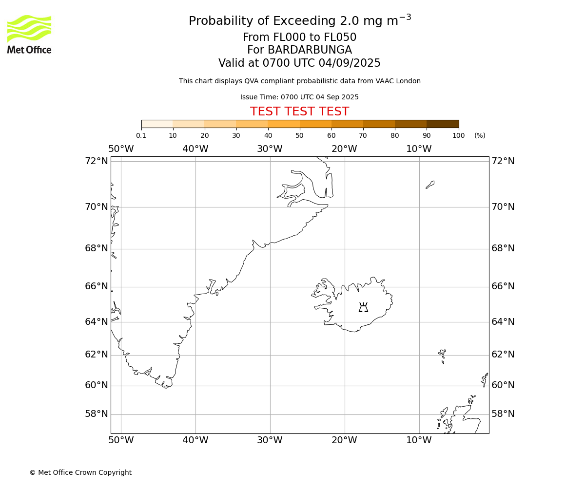 Probability of exceeding 2.0 milligrams per metre cubed. From 000 to 050 for BARDARBUNGA. Valid at 0700 UTC 04/09/2025