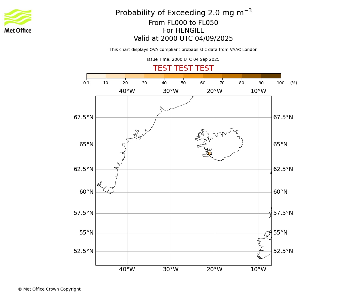 Probability of exceeding 2.0 milligrams per metre cubed. From 000 to 050 for HENGILL. Valid at 2000 UTC 04/09/2025