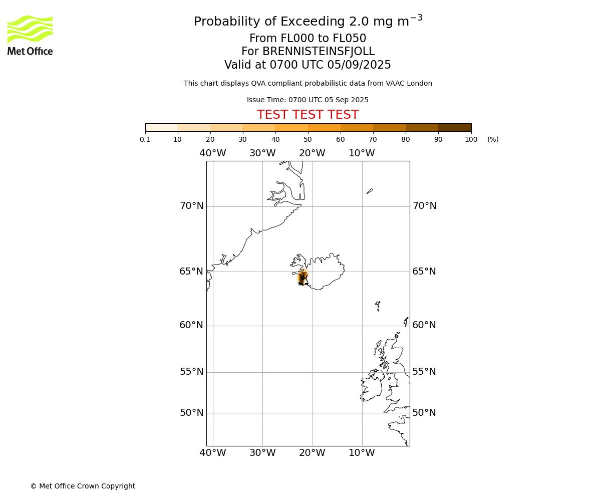 Probability of exceeding 2.0 milligrams per metre cubed. From 000 to 050 for BRENNISTEINSFJOLL. Valid at 0700 UTC 05/09/2025