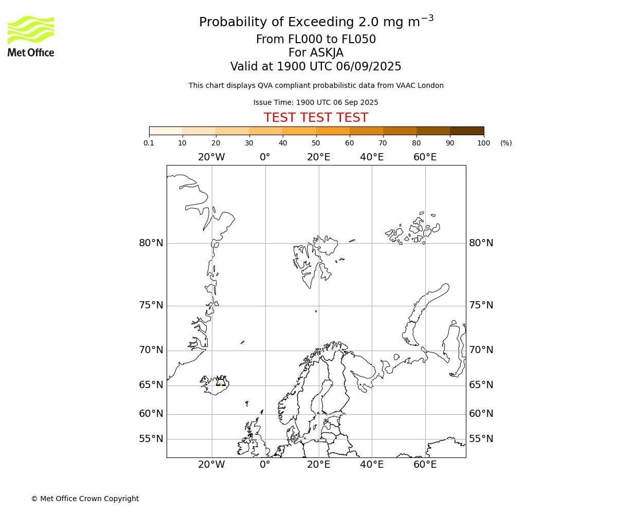 Probability of exceeding 2.0 milligrams per metre cubed. From 000 to 050 for ASKJA. Valid at 1900 UTC 06/09/2025