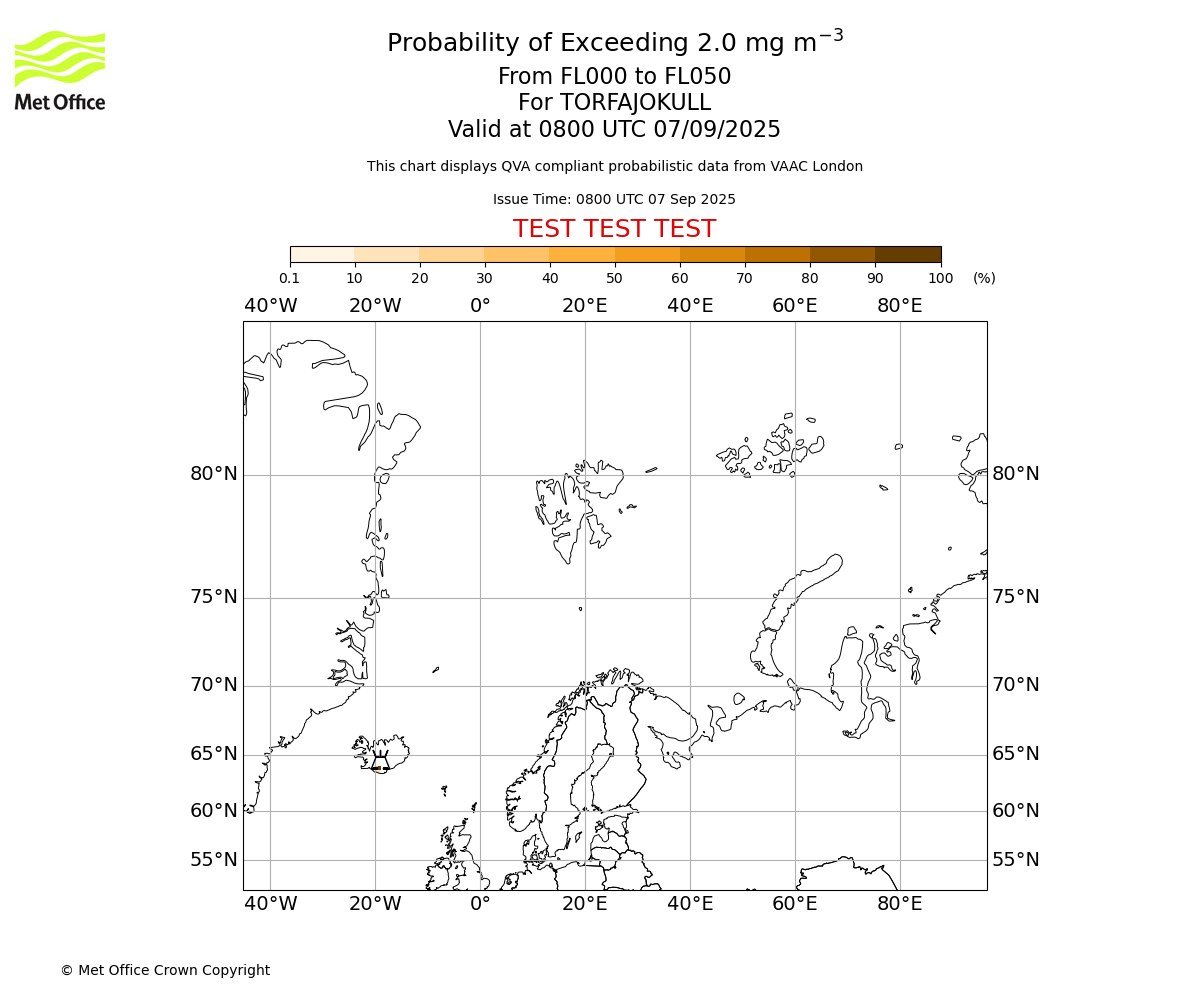 Probability of exceeding 2.0 milligrams per metre cubed. From 000 to 050 for TORFAJOKULL. Valid at 0800 UTC 07/09/2025