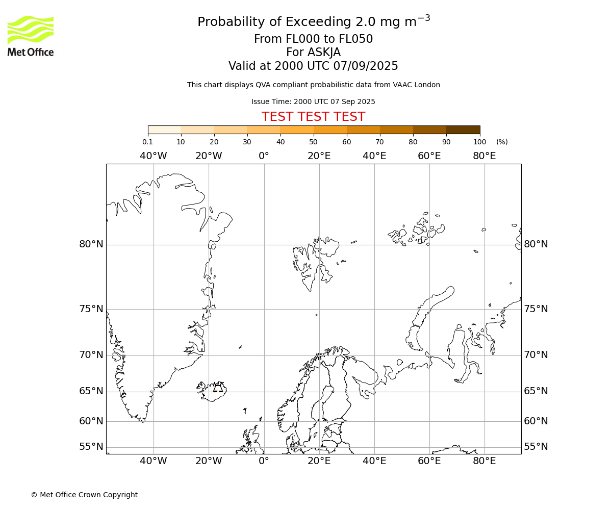 Probability of exceeding 2.0 milligrams per metre cubed. From 000 to 050 for ASKJA. Valid at 2000 UTC 07/09/2025