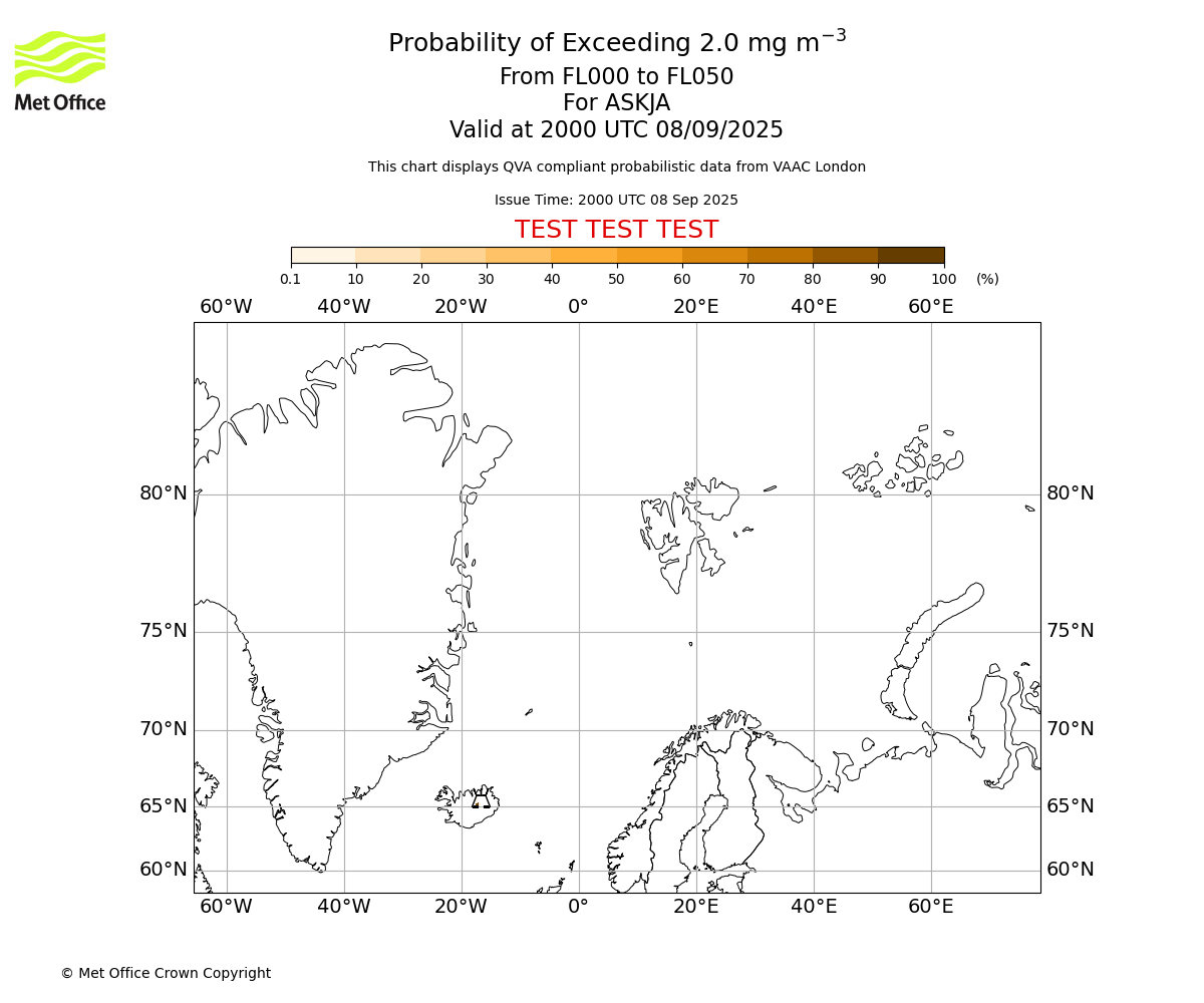 Probability of exceeding 2.0 milligrams per metre cubed. From 000 to 050 for ASKJA. Valid at 2000 UTC 08/09/2025