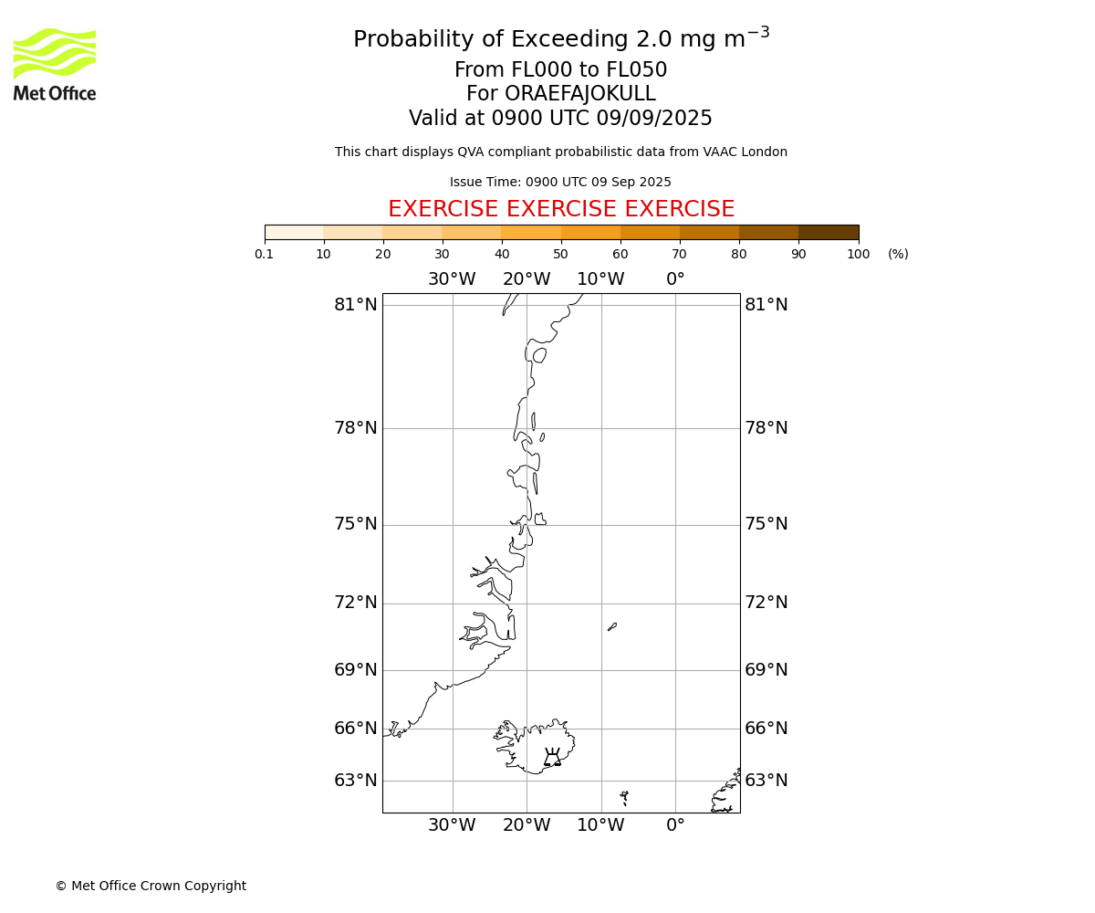 Probability of exceeding 2.0 milligrams per metre cubed. From 000 to 050 for ORAEFAJOKULL. Valid at 0900 UTC 09/09/2025