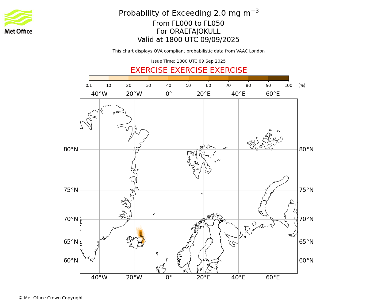 Probability of exceeding 2.0 milligrams per metre cubed. From 000 to 050 for ORAEFAJOKULL. Valid at 1800 UTC 09/09/2025
