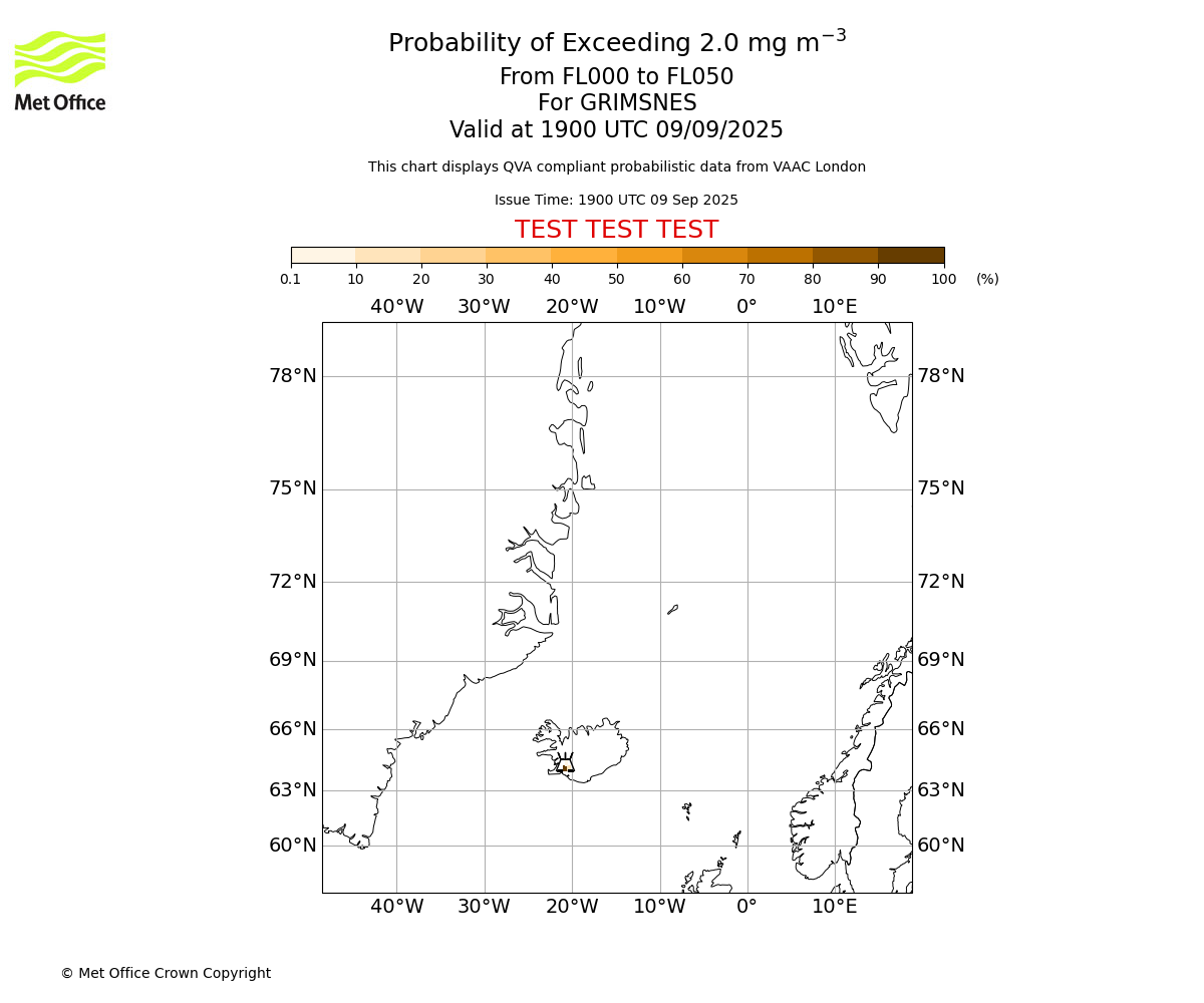 Probability of exceeding 2.0 milligrams per metre cubed. From 000 to 050 for GRIMSNES. Valid at 1900 UTC 09/09/2025