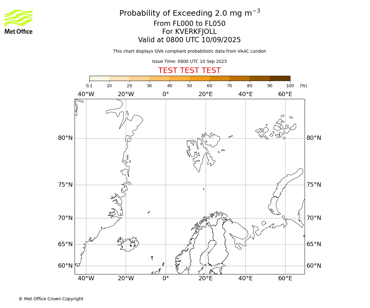 Probability of exceeding 2.0 milligrams per metre cubed. From 000 to 050 for KVERKFJOLL. Valid at 0800 UTC 10/09/2025