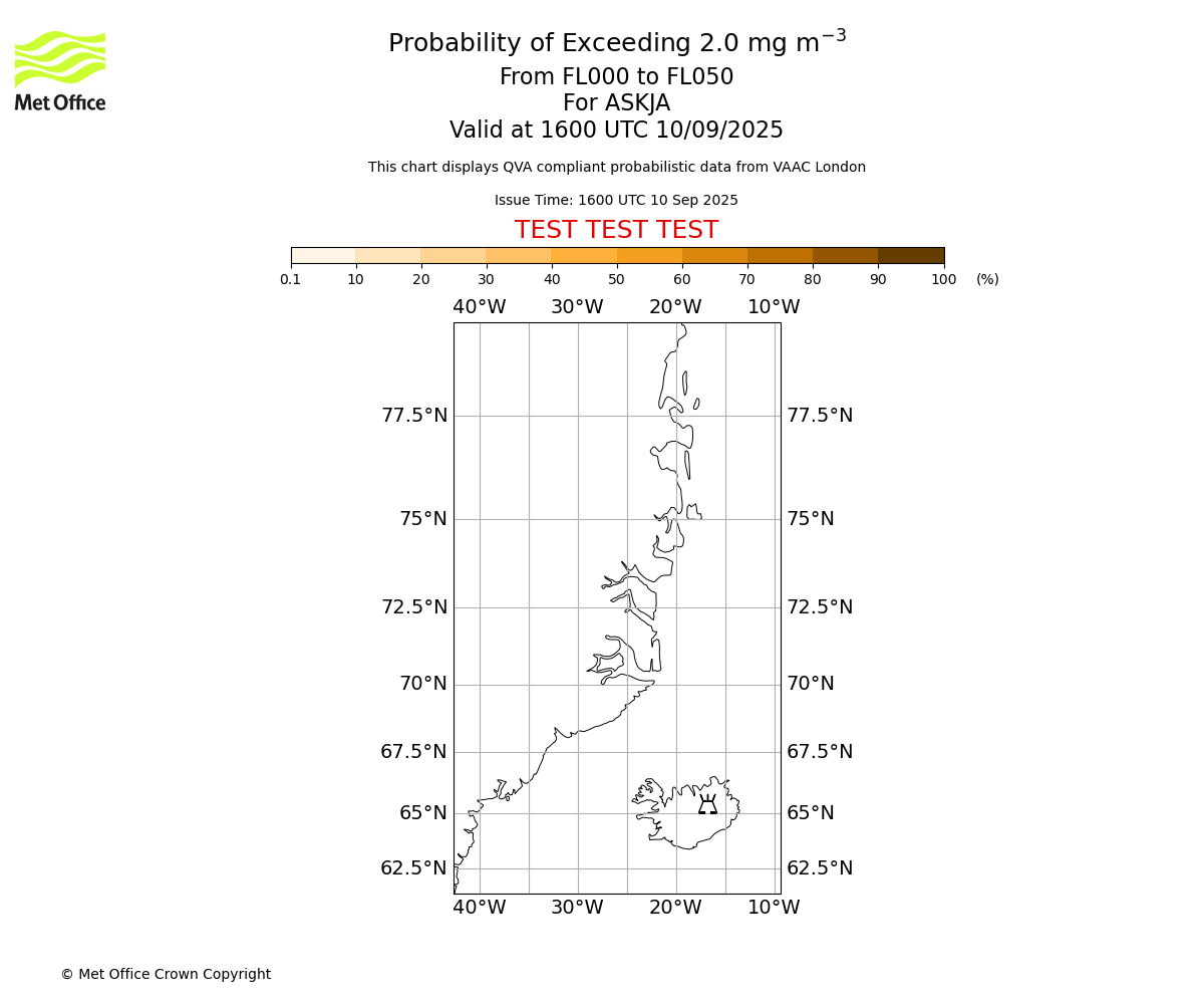 Probability of exceeding 2.0 milligrams per metre cubed. From 000 to 050 for ASKJA. Valid at 1600 UTC 10/09/2025