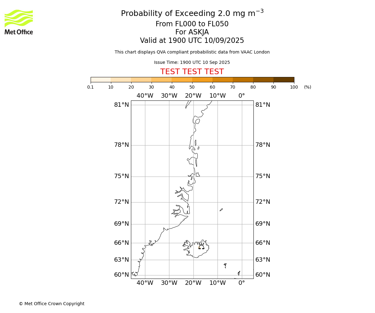 Probability of exceeding 2.0 milligrams per metre cubed. From 000 to 050 for ASKJA. Valid at 1900 UTC 10/09/2025