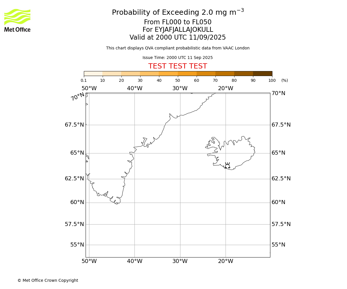 Probability of exceeding 2.0 milligrams per metre cubed. From 000 to 050 for EYJAFJALLAJOKULL. Valid at 2000 UTC 11/09/2025