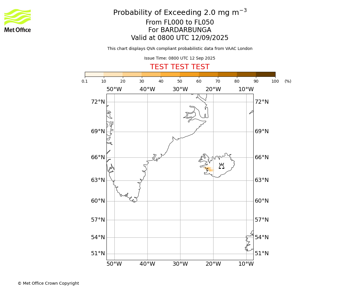 Probability of exceeding 2.0 milligrams per metre cubed. From 000 to 050 for BARDARBUNGA. Valid at 0800 UTC 12/09/2025