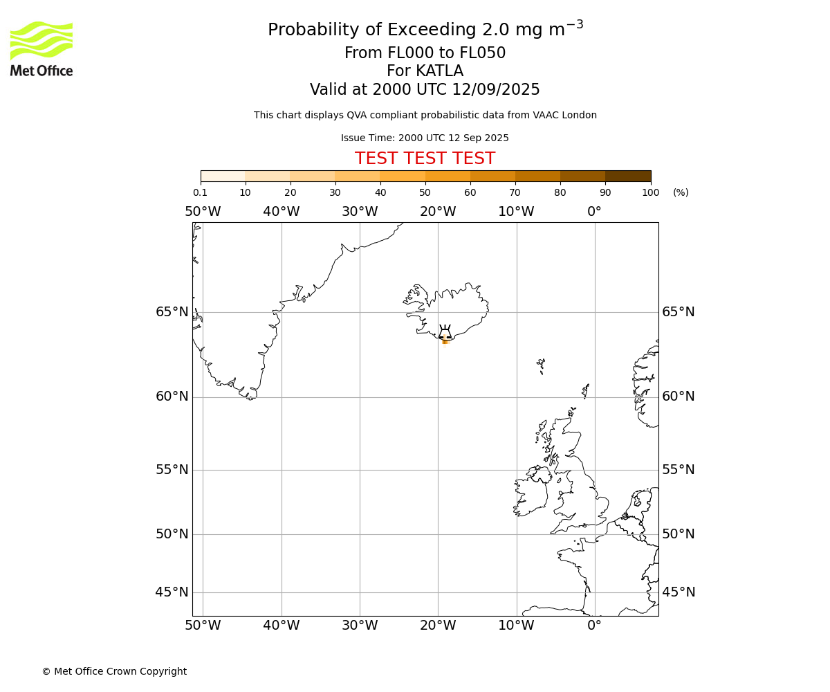 Probability of exceeding 2.0 milligrams per metre cubed. From 000 to 050 for KATLA. Valid at 2000 UTC 12/09/2025