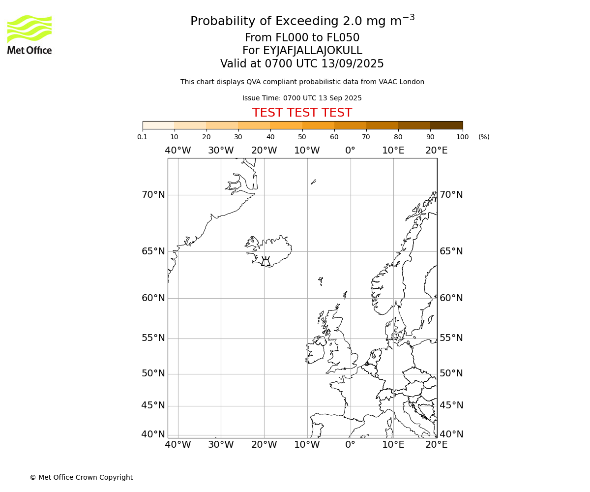 Probability of exceeding 2.0 milligrams per metre cubed. From 000 to 050 for EYJAFJALLAJOKULL. Valid at 0700 UTC 13/09/2025