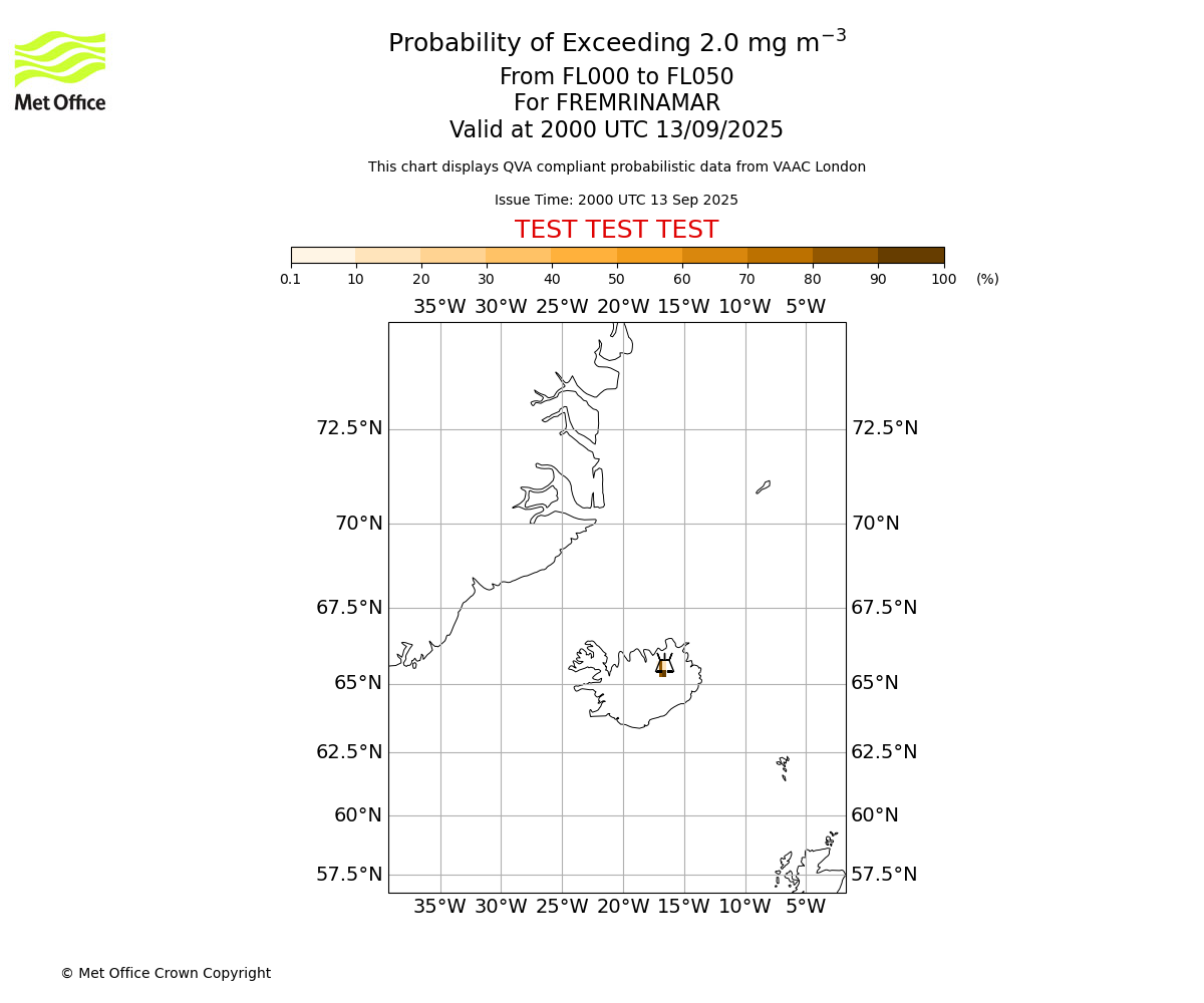 Probability of exceeding 2.0 milligrams per metre cubed. From 000 to 050 for FREMRINAMAR. Valid at 2000 UTC 13/09/2025