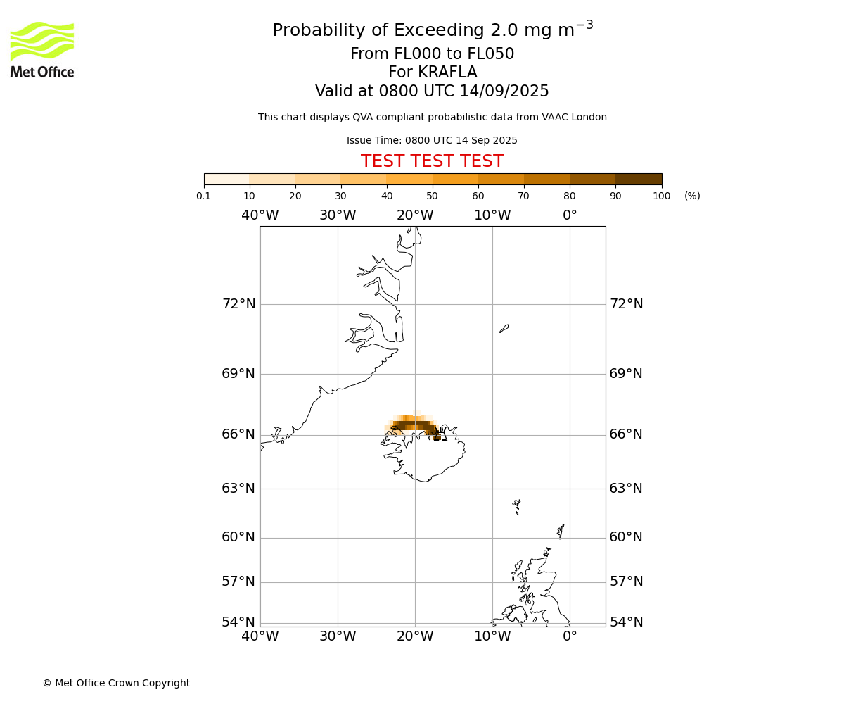 Probability of exceeding 2.0 milligrams per metre cubed. From 000 to 050 for KRAFLA. Valid at 0800 UTC 14/09/2025