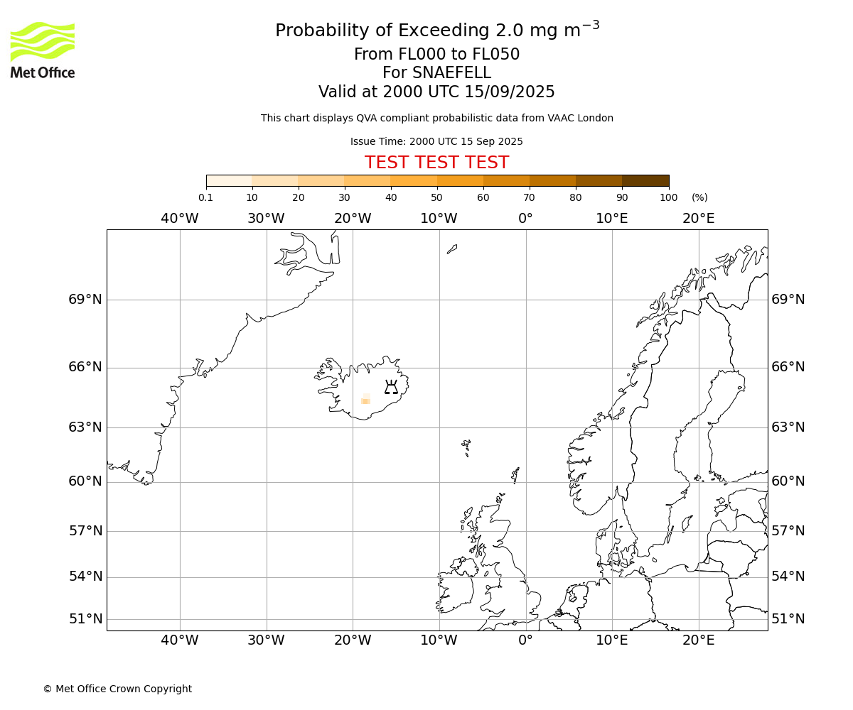 Probability of exceeding 2.0 milligrams per metre cubed. From 000 to 050 for SNAEFELL. Valid at 2000 UTC 15/09/2025
