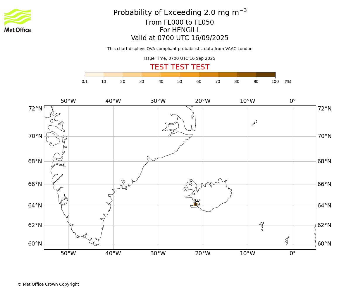 Probability of exceeding 2.0 milligrams per metre cubed. From 000 to 050 for HENGILL. Valid at 0700 UTC 16/09/2025
