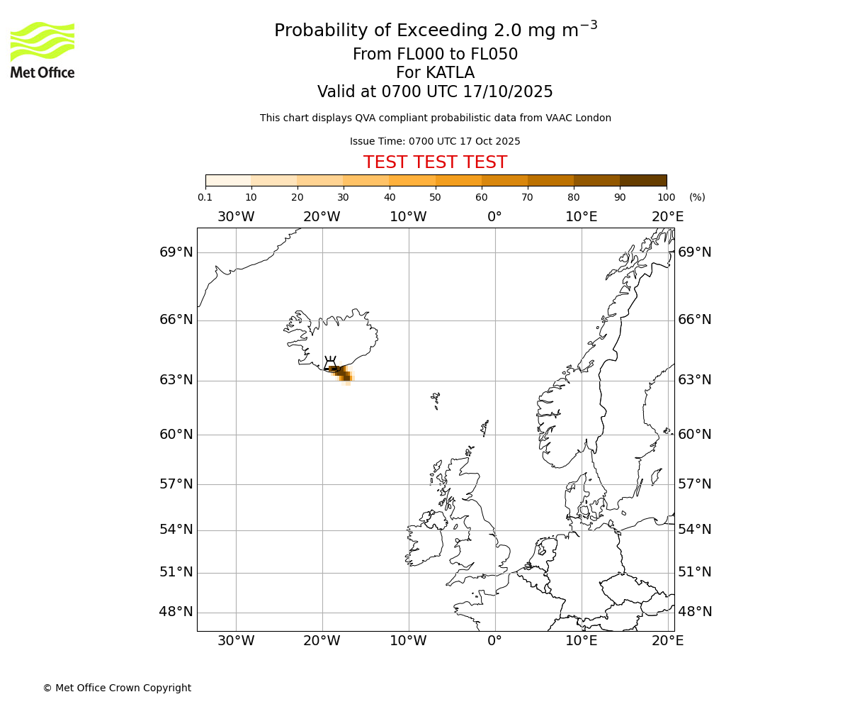 Probability of exceeding 2.0 milligrams per metre cubed. From 000 to 050 for KATLA. Valid at 0700 UTC 17/10/2025