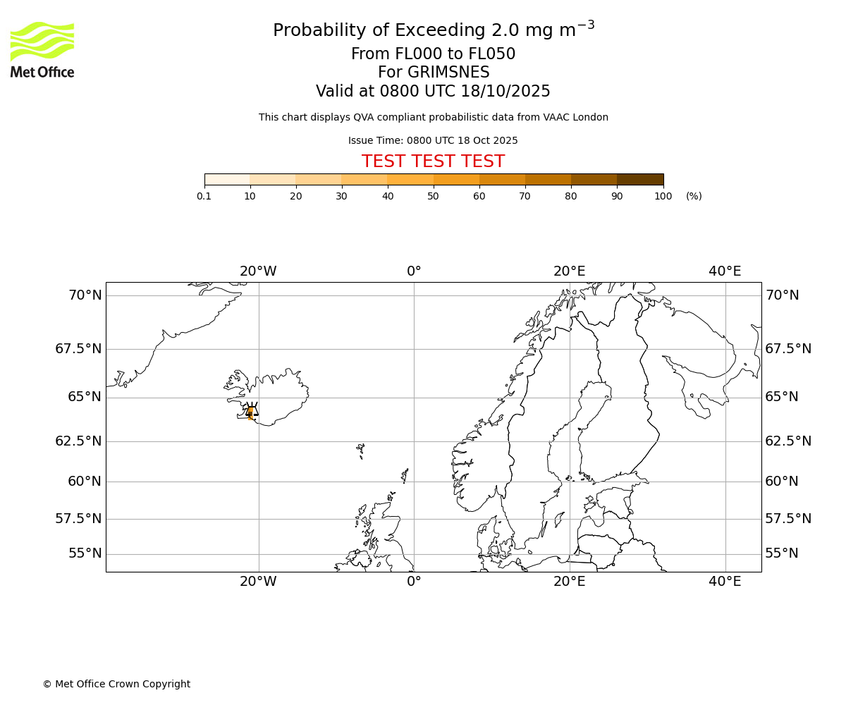 Probability of exceeding 2.0 milligrams per metre cubed. From 000 to 050 for GRIMSNES. Valid at 0800 UTC 18/10/2025