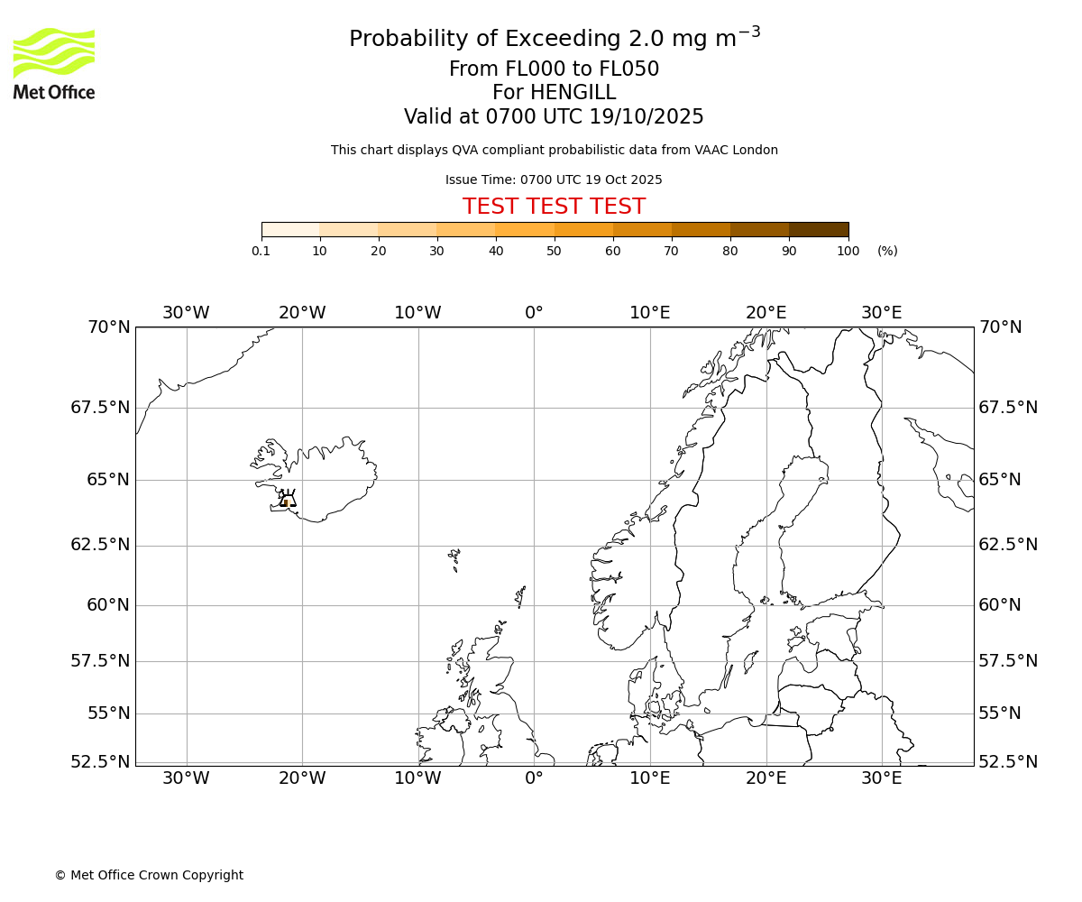 Probability of exceeding 2.0 milligrams per metre cubed. From 000 to 050 for HENGILL. Valid at 0700 UTC 19/10/2025