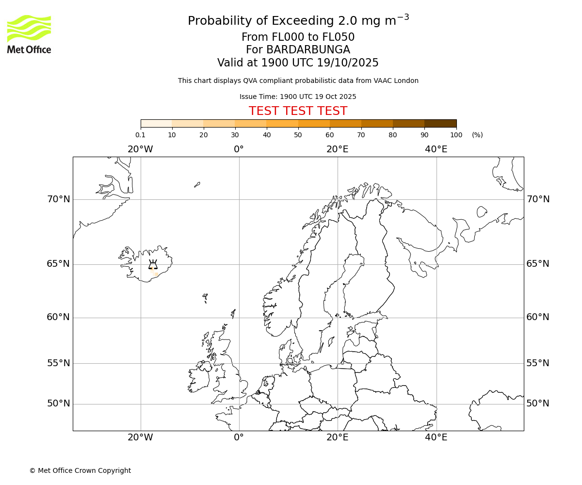 Probability of exceeding 2.0 milligrams per metre cubed. From 000 to 050 for BARDARBUNGA. Valid at 1900 UTC 19/10/2025