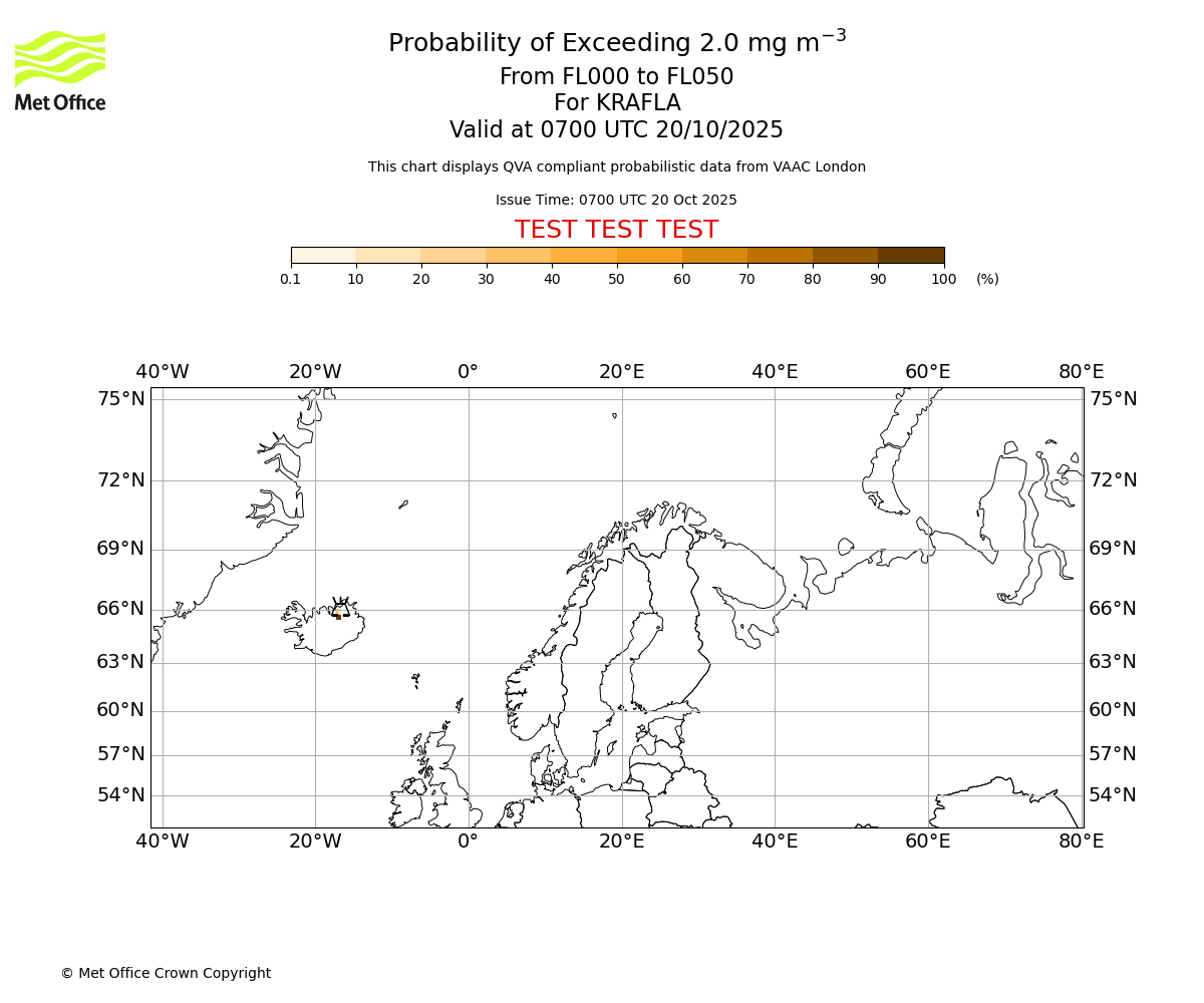Probability of exceeding 2.0 milligrams per metre cubed. From 000 to 050 for KRAFLA. Valid at 0700 UTC 20/10/2025